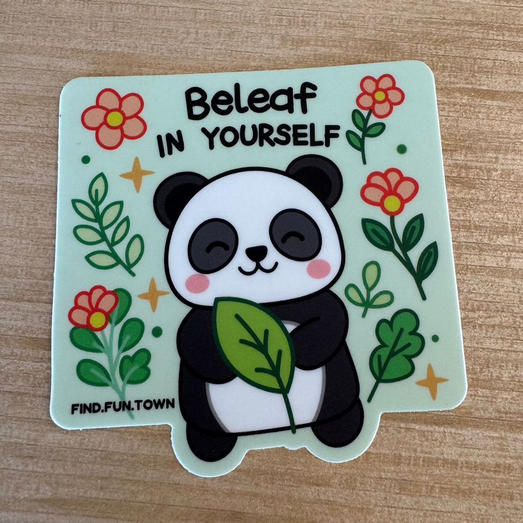Sticker with a panda holding a leaf and flowers 
