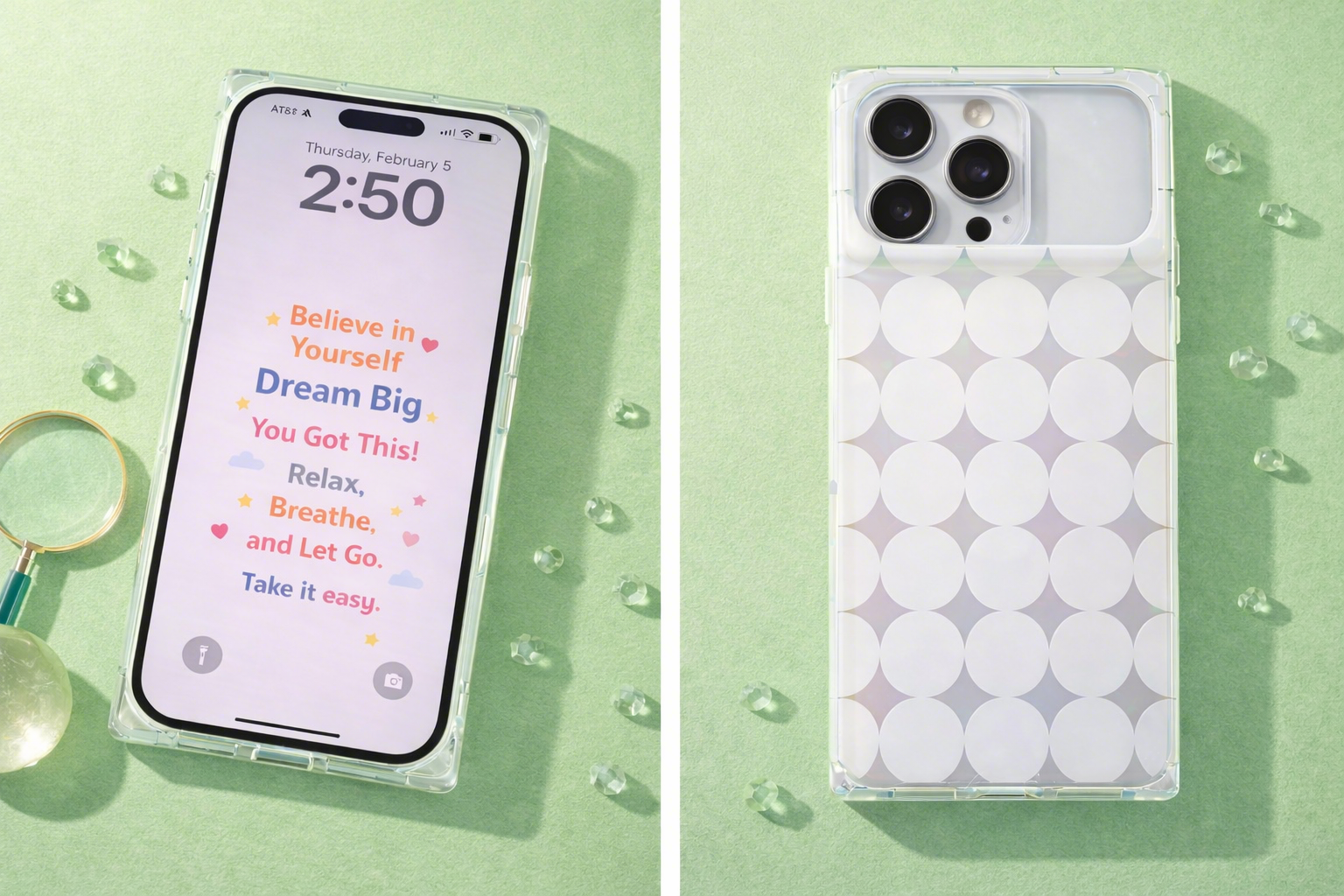 Two phone cases on a green background with motivational text and geometric design.